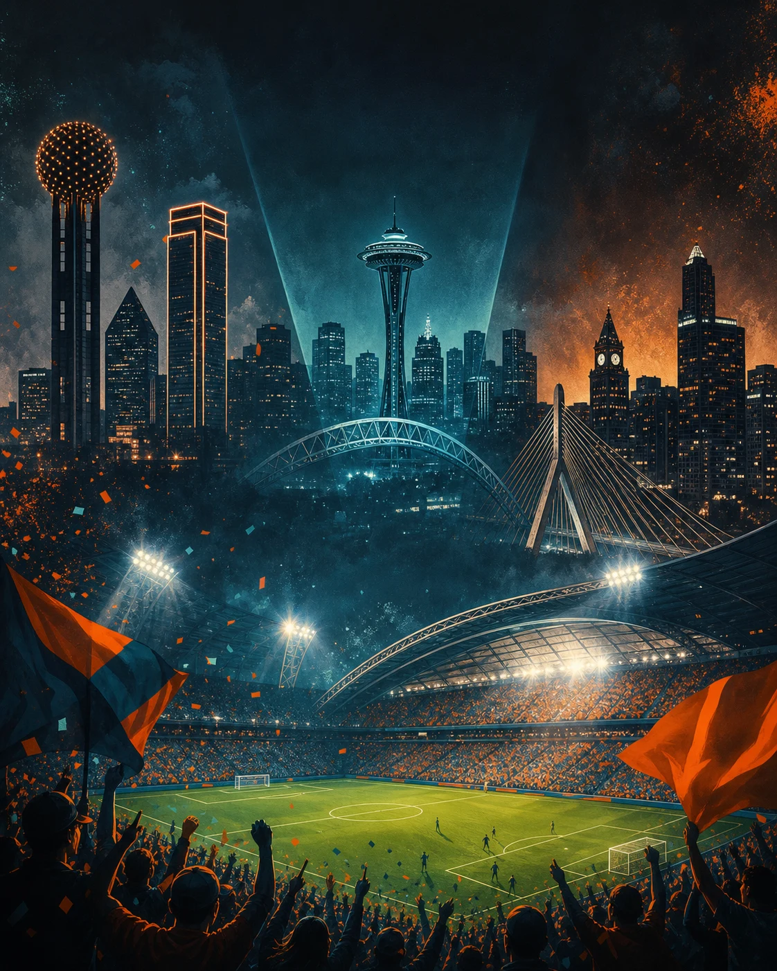 World Cup city poster maker preview with skyline, stadium arcs, and football field