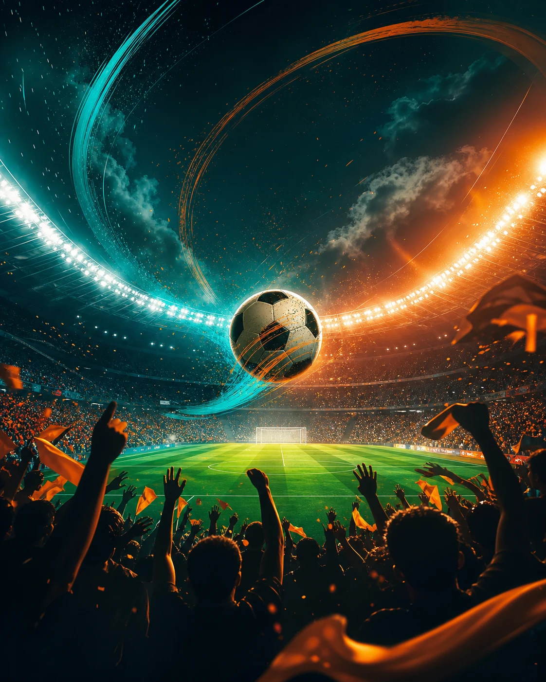 World Cup poster maker preview with a generic stadium, football field, and match-day fan poster layout
